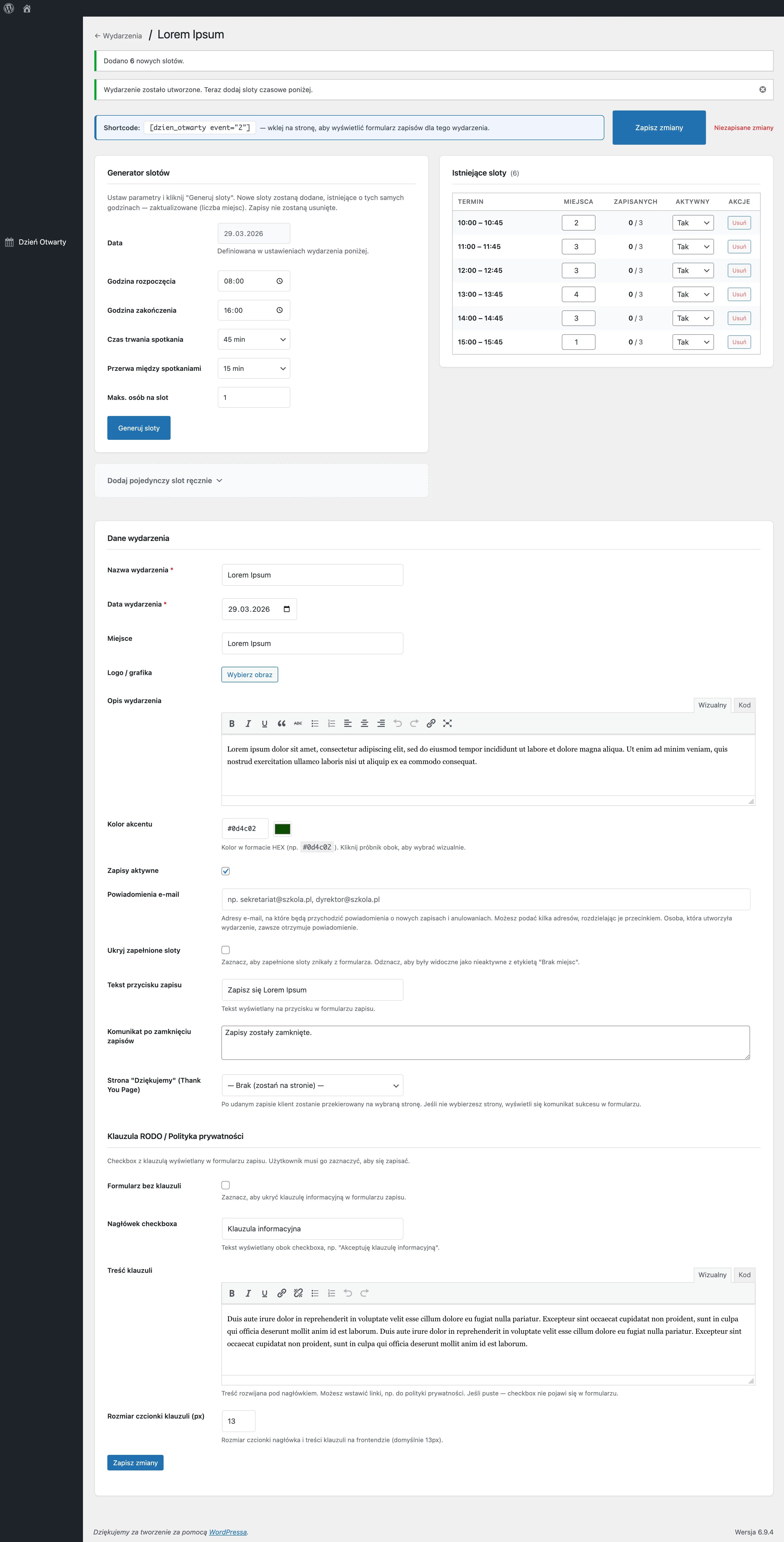 Panel administracyjny wtyczki w WordPress — konfiguracja wydarzeń, slotów czasowych i powiadomień